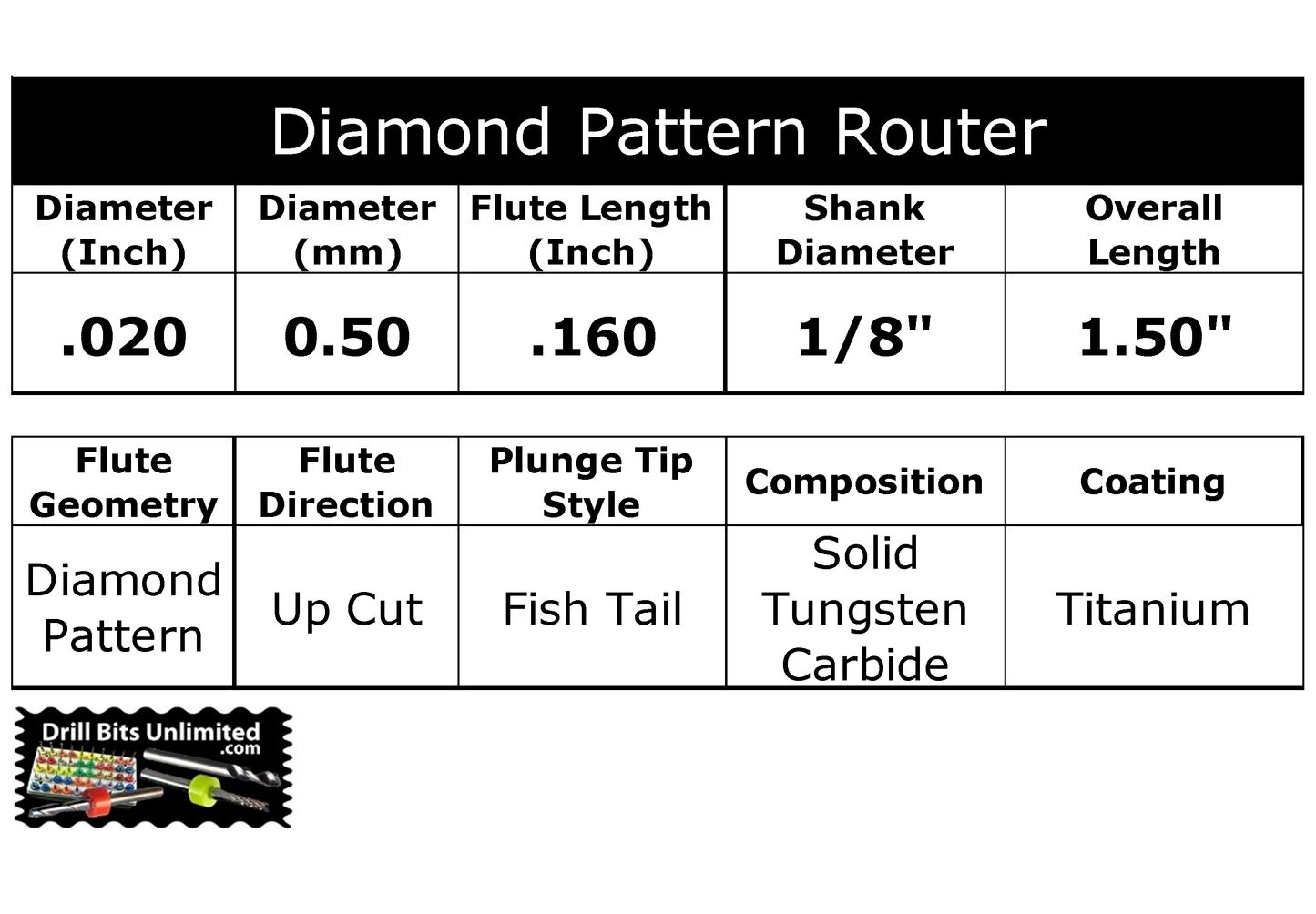 0.0197" (0.50mm) Diamond Flute Carbide Router, .160" LOC, Fish Tail, 1/8" Shank TiN Coated - M144