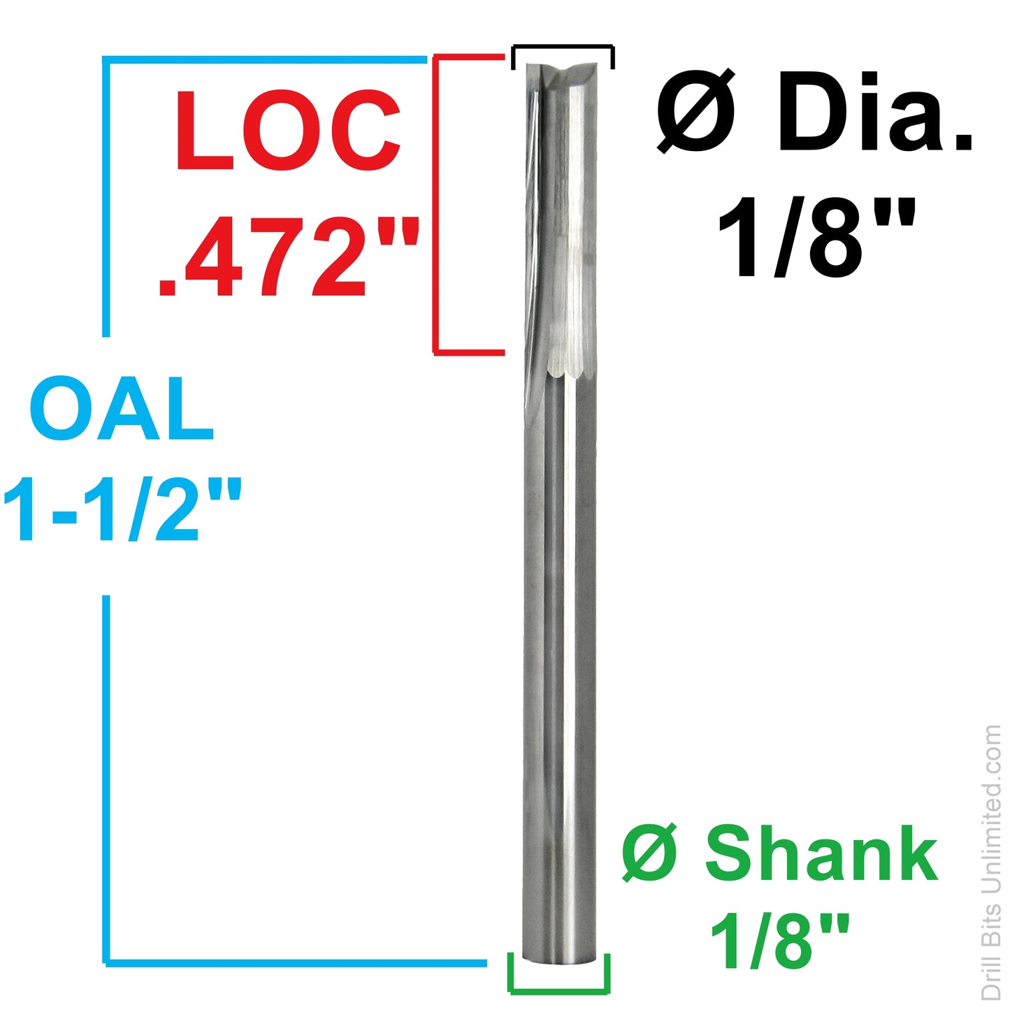 Dimension diagram for 1/8 inch straight flute carbide end mill showing .472 inch LOC, 1.50 inch OAL, and 1/8 inch shank
