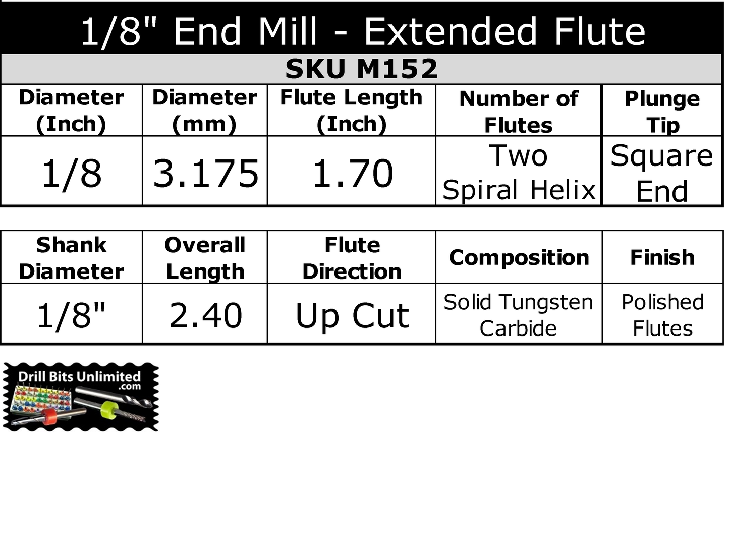 1/8" x 1.70" LOC Up Cut Extended Flute Length Two Flute Carbide End Mill M152