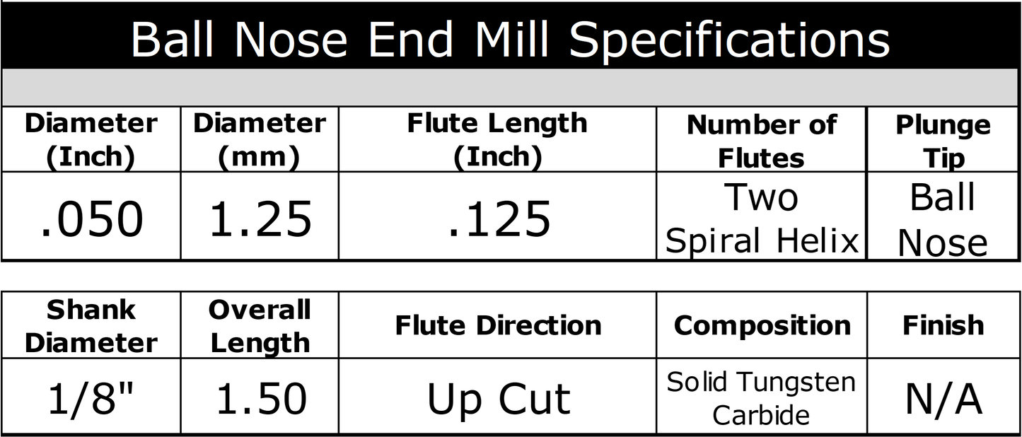 .050 ball nose carbide end mill specifications