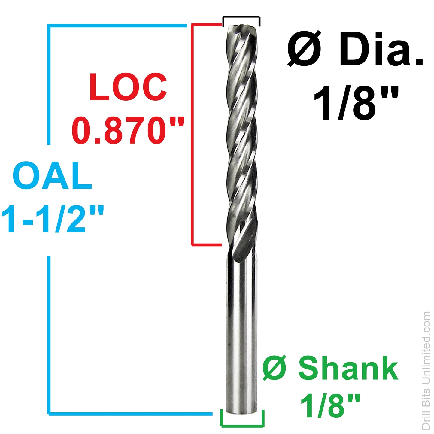 Dimension diagram for 1/8 inch carbide end mill showing 0.870 inch LOC, 1-1/2 inch OAL, and 1/8 inch shank