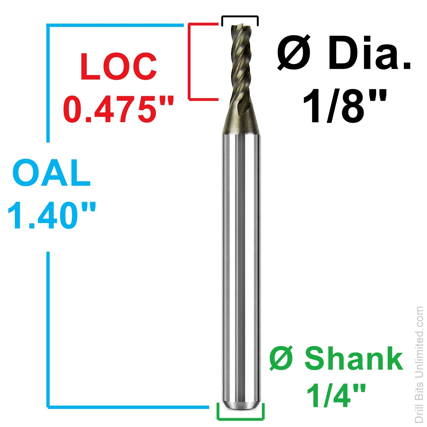 0.1250" (1/8") x .475" LOC 4-Flute Square End HSS End Mill, 1/4" Shank | M4-150