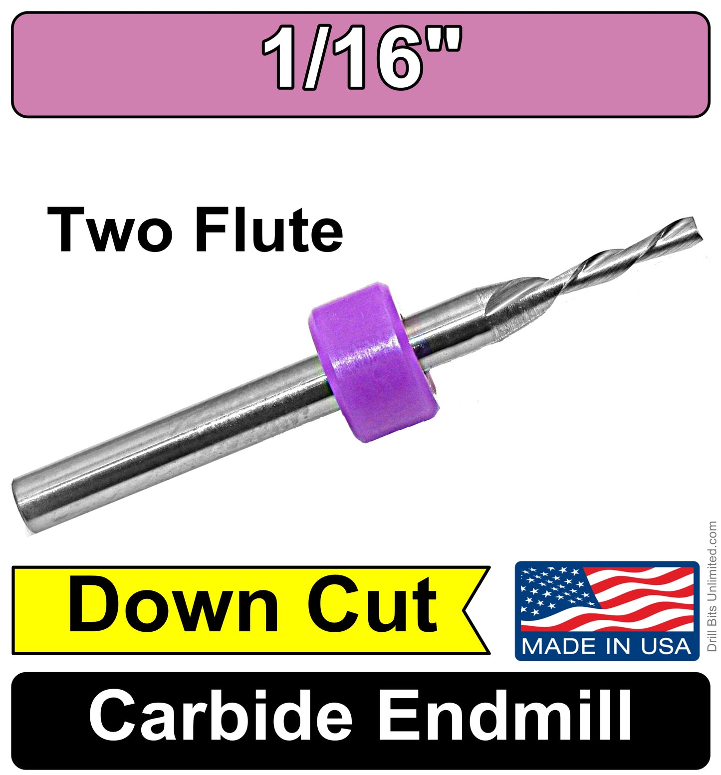 1/16 carbide down cut end mill for CNC, woodworking, plastics, and ice carving.