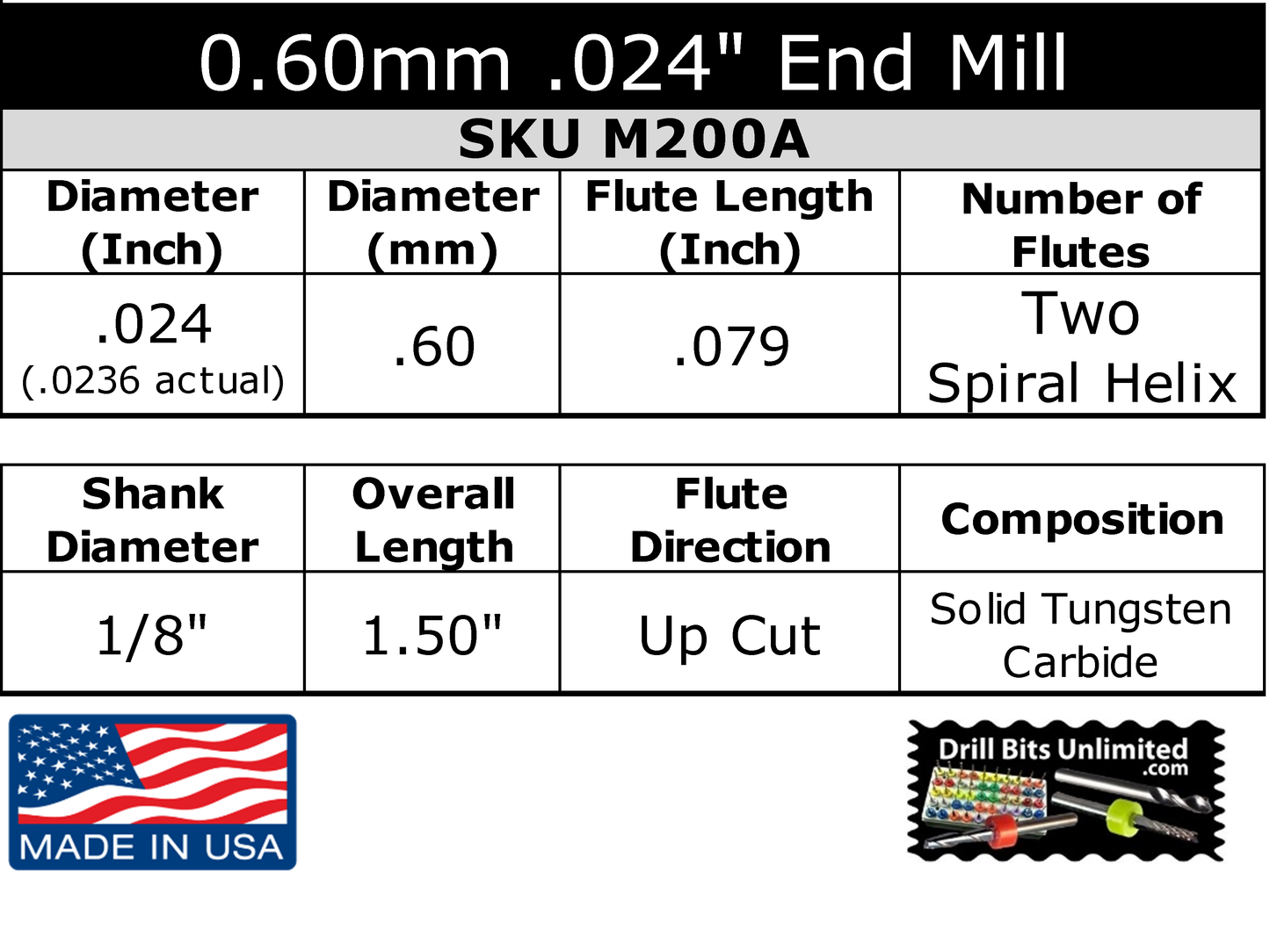 .024" (0.60mm) Two Flute Carbide End Mill - Up Cut