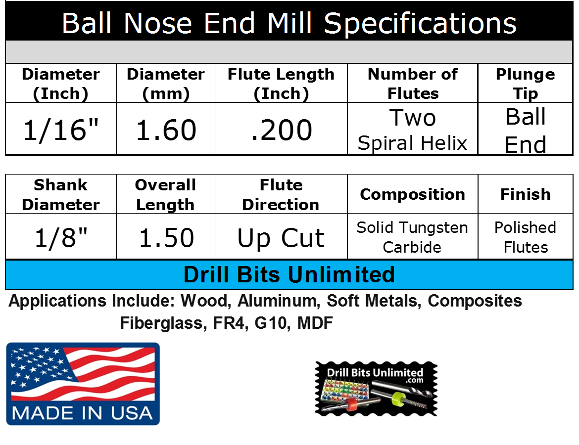 1/16 inch ball nose carbide end mill specifications