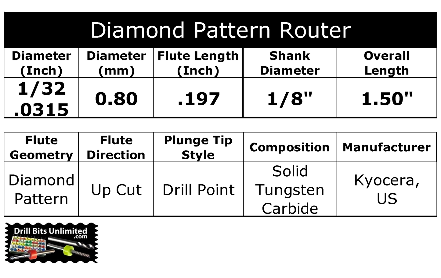 0.0315" (1/32") x .197" LOC Diamond Flute Carbide Router, Drill Point Tip, 1/8" Shank | R105D