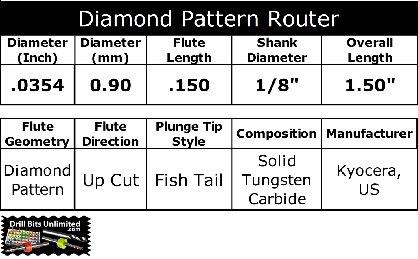 0.0354" (0.90mm) x .150" LOC Diamond Flute Carbide Router, Fish Tail Tip, 1/8" Shank | R108