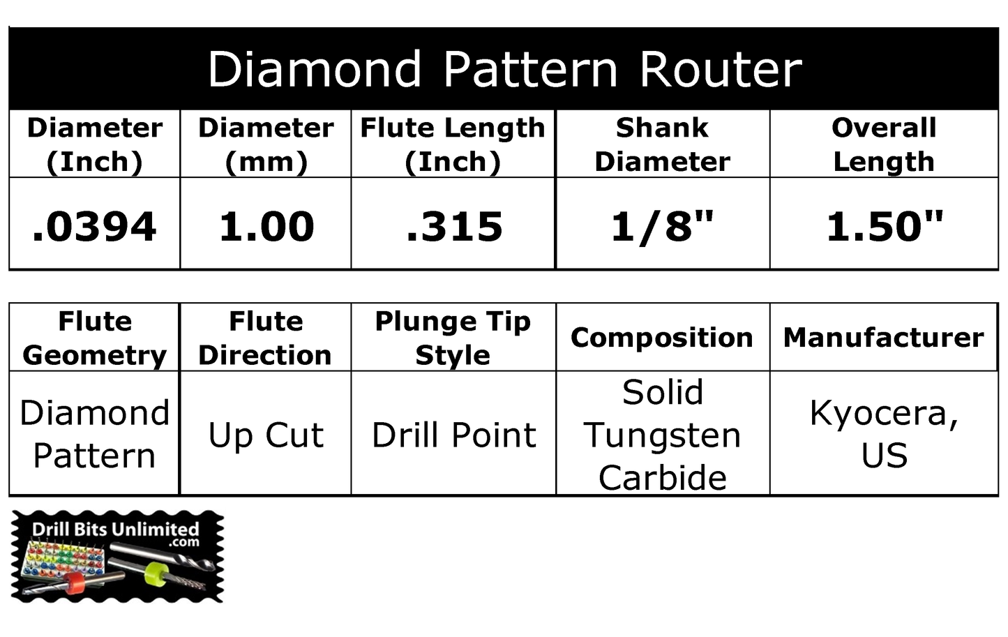 1.00mm Diamond Pattern Carbide Router – .315″ LOC – Drill Point Tip R112