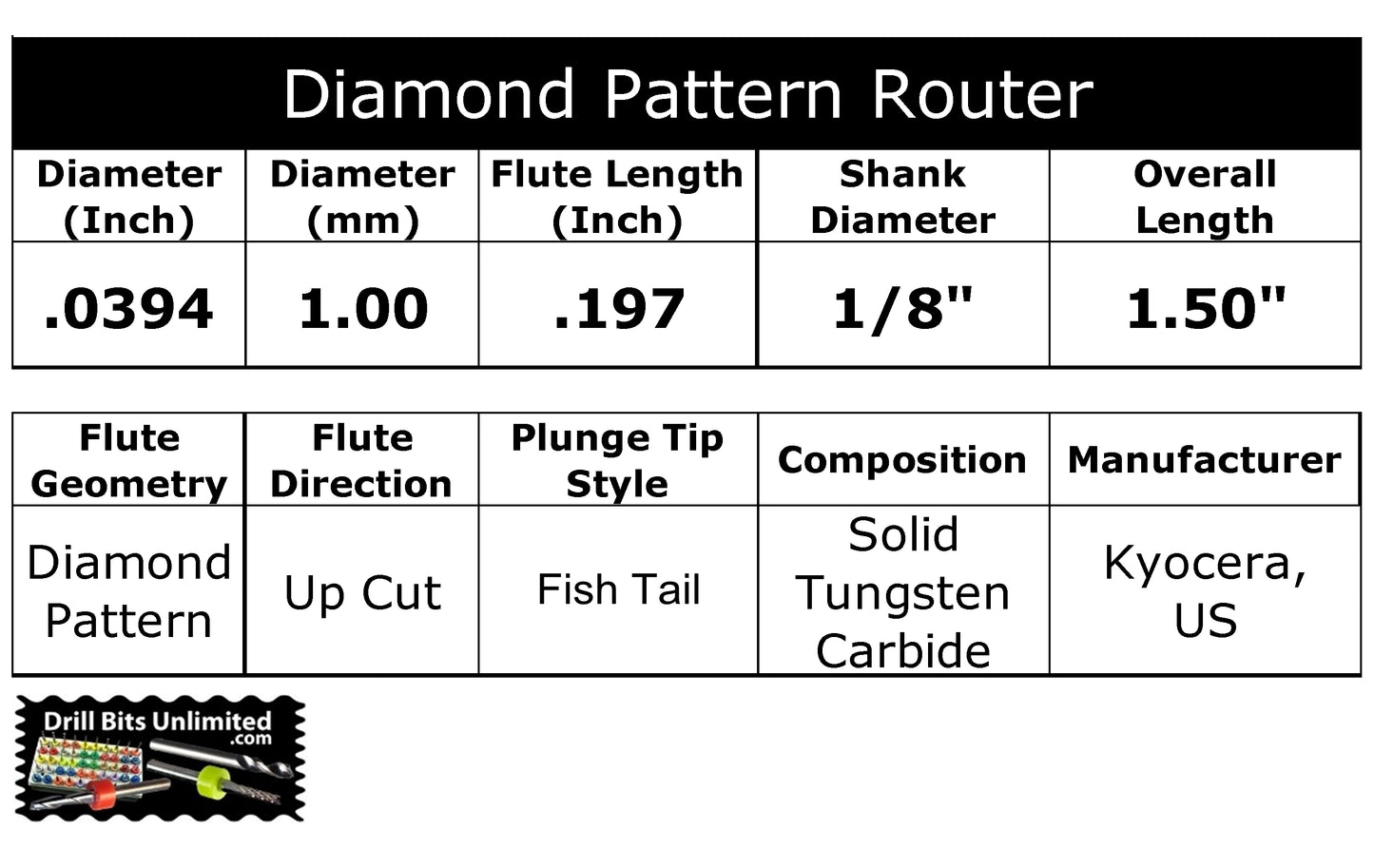 0.0394" (1.00mm) x .197" LOC Diamond Flute Carbide Router, Fish Tail Tip, 1/8" Shank | R114