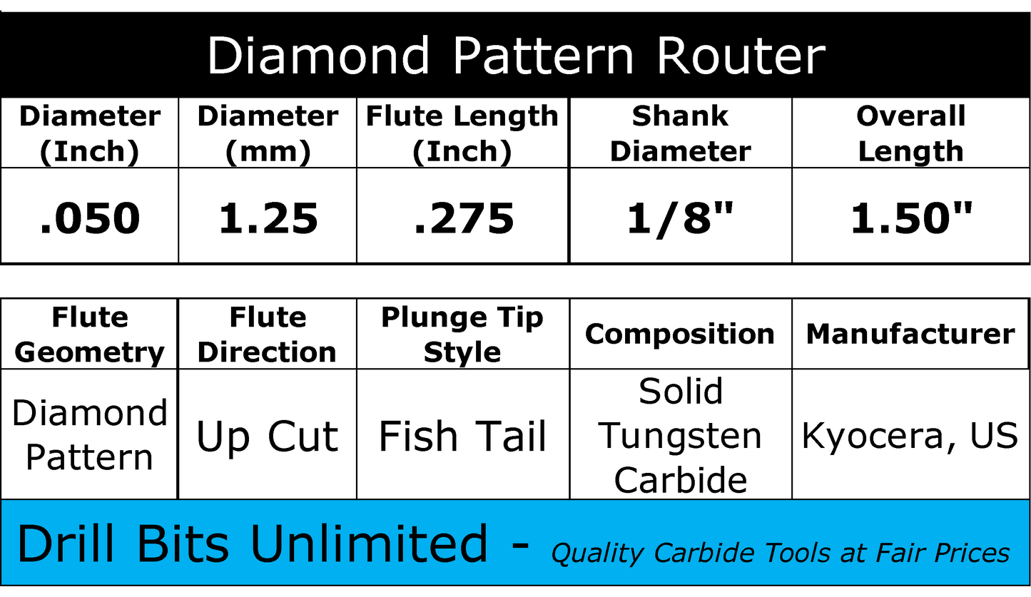 .050" .05" diamond flute patterm carbide router bit with 1/8 inch shank and fishtail end – precision micro engraving CNC tool for PCB milling, carbon fiber, fiberglass, composite, industrial-grade tungsten carbide bit for Dremel, CNC routers, and rotary tools – ultra-fine flutes for clean, detailed carving and routing