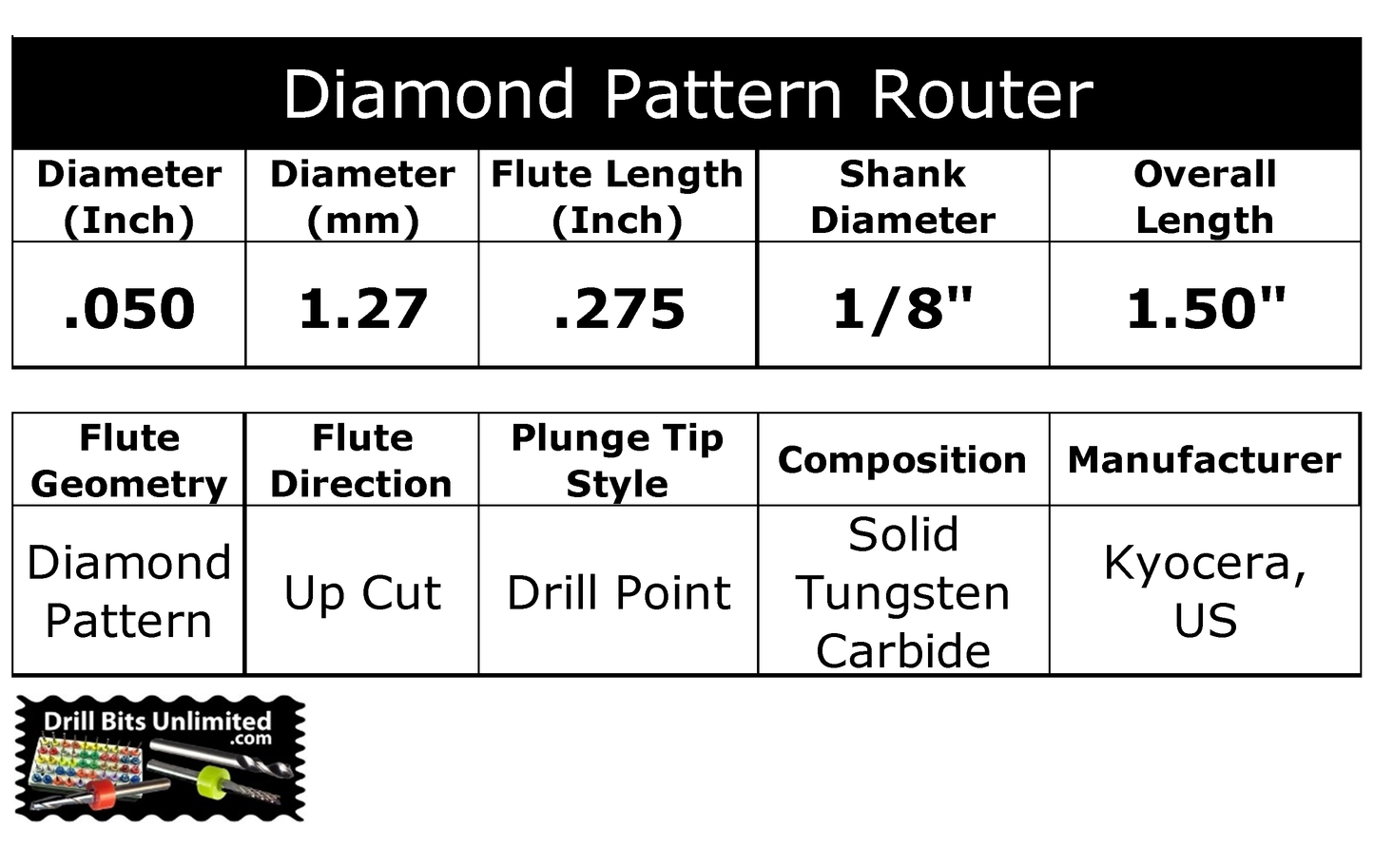 .050″ Diamond Pattern Carbide Router – .275″ LOC – Drill Point Tip R124