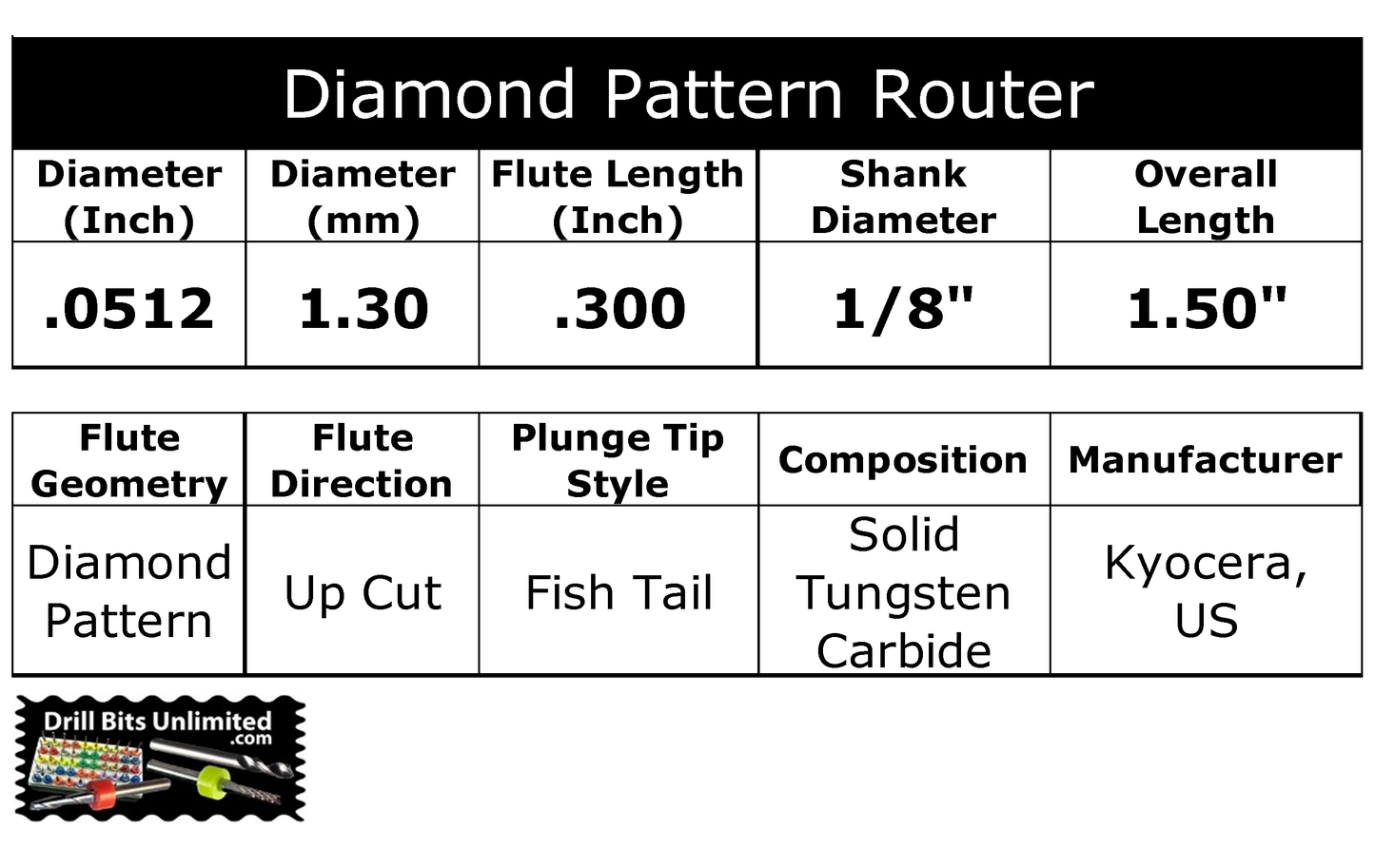 0.0512" (1.30mm) x .300" LOC Diamond Flute Carbide Router, Fish Tail Tip, 1/8" Shank | R126