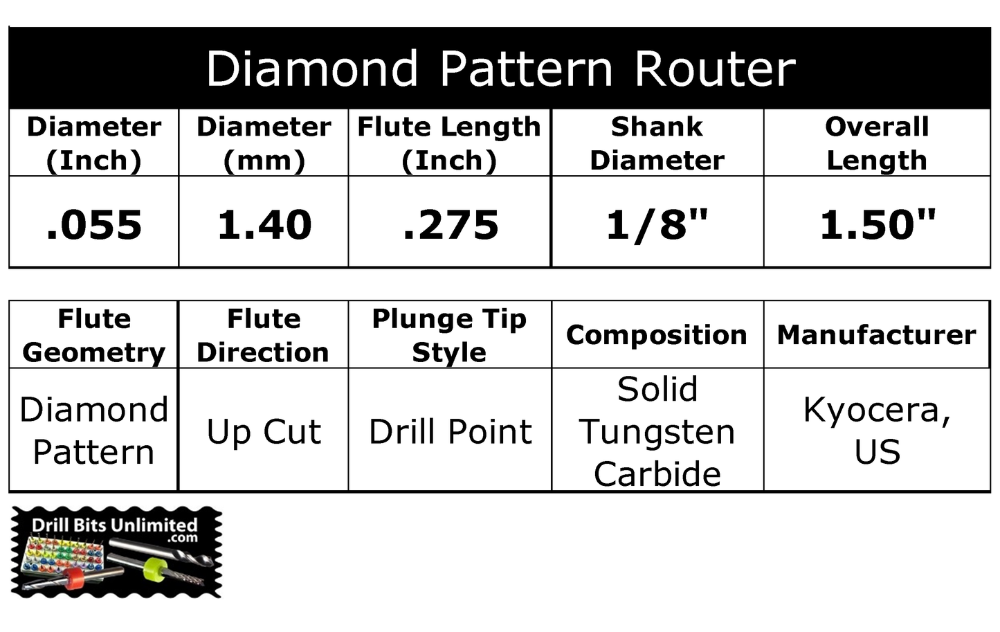 0.0551" (1.40mm) x .275" LOC Diamond Flute Carbide Router, Drill Point Tip, 1/8" Shank | R128