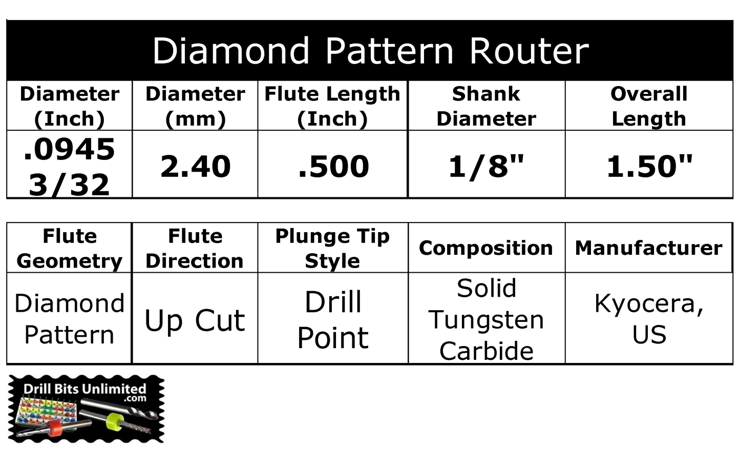 .0945" 3/32" x .500" LOC - Diamond Pattern Router Bit - Drill Point Tip R140