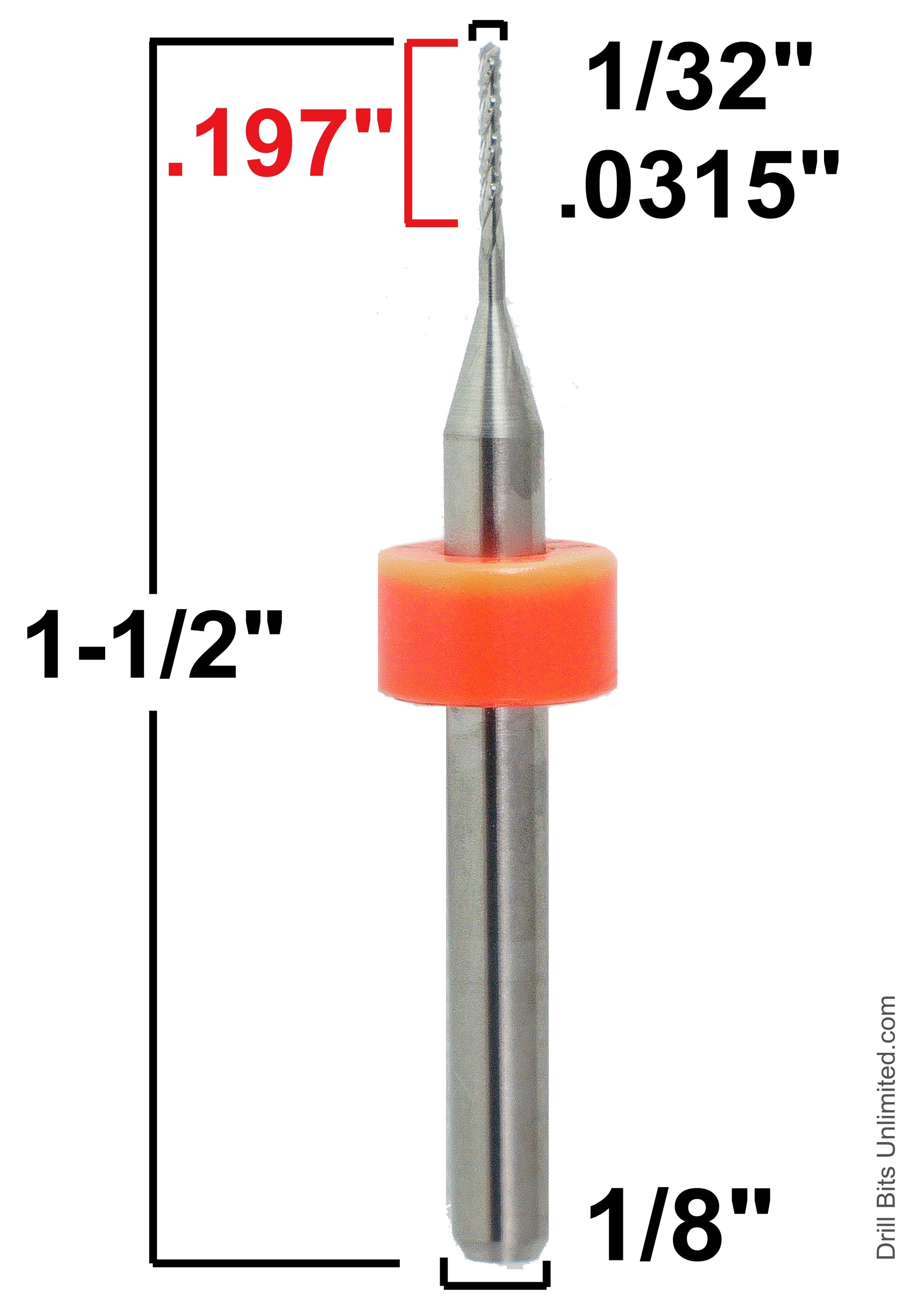 1/32" .0315" x .197" LOC Chip Breaker Carbide Router - Drill Point Tip R149D Dimensional View