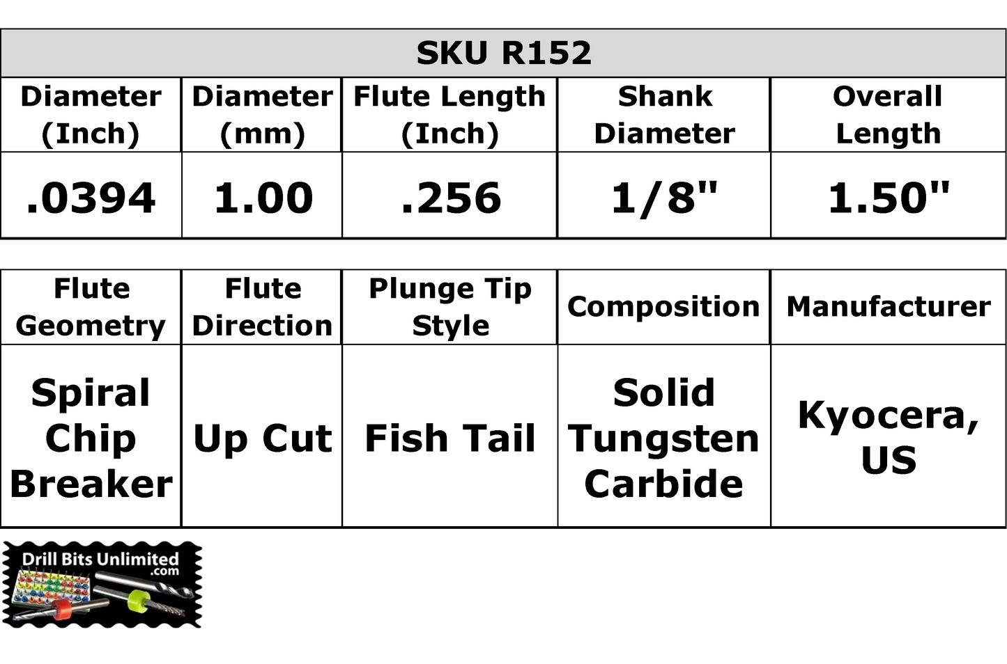 1.00mm .0394" x .256" LOC Chip Breaker Carbide Router - Fish Tail Tip Up Cut R152 Specifications Chart