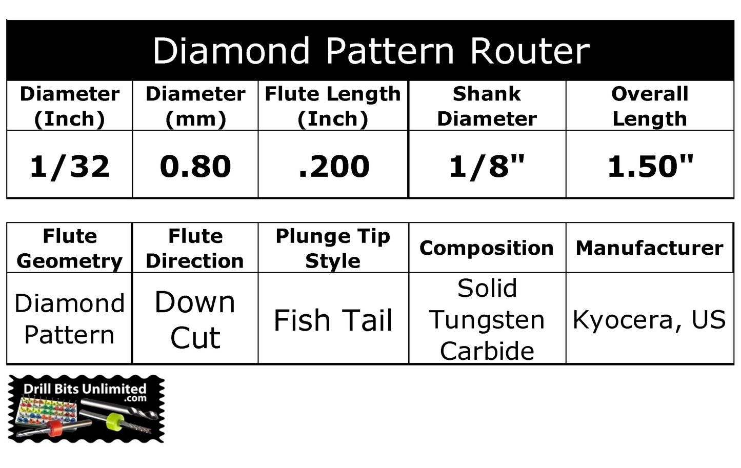 0.0315" (1/32") x .200" LOC Diamond Flute Carbide Router, Down Cut, Fish Tail Tip, 1/8" Shank | RS-120
