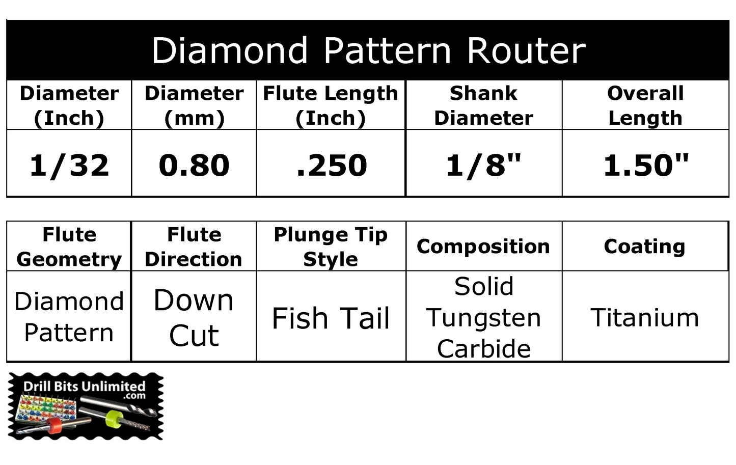 1/32" x .250" LOC  Down Cut Router Bit - Diamond Flutes - Solid Carbide Titanium Coated R183