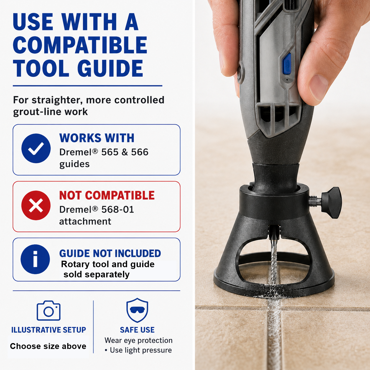 Grout removal bit used with a rotary tool cutting guide compatible with Dremel 565 and 566 guides