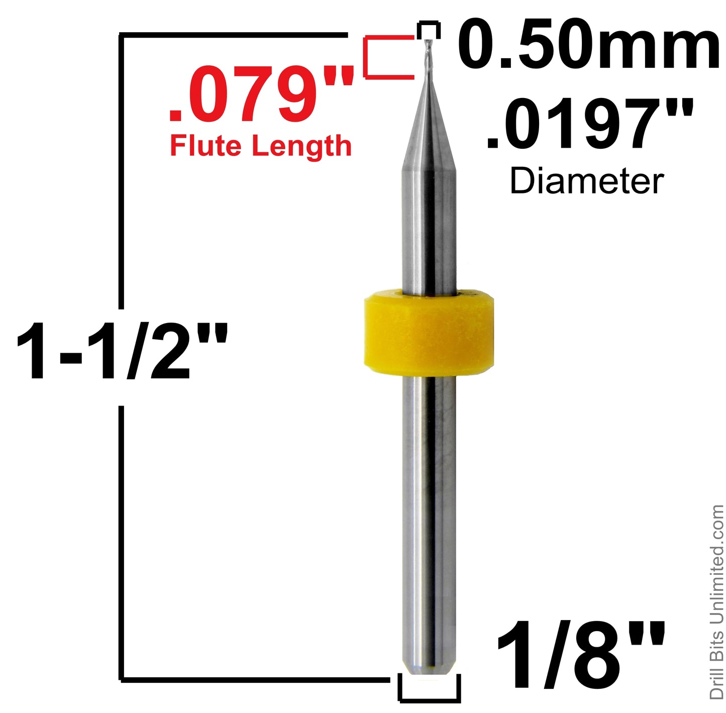 0.50mm x .079" LOC Two Flute Carbide End Mill Up Cut Square End Made in U.S.A. M105A Dimensional View
