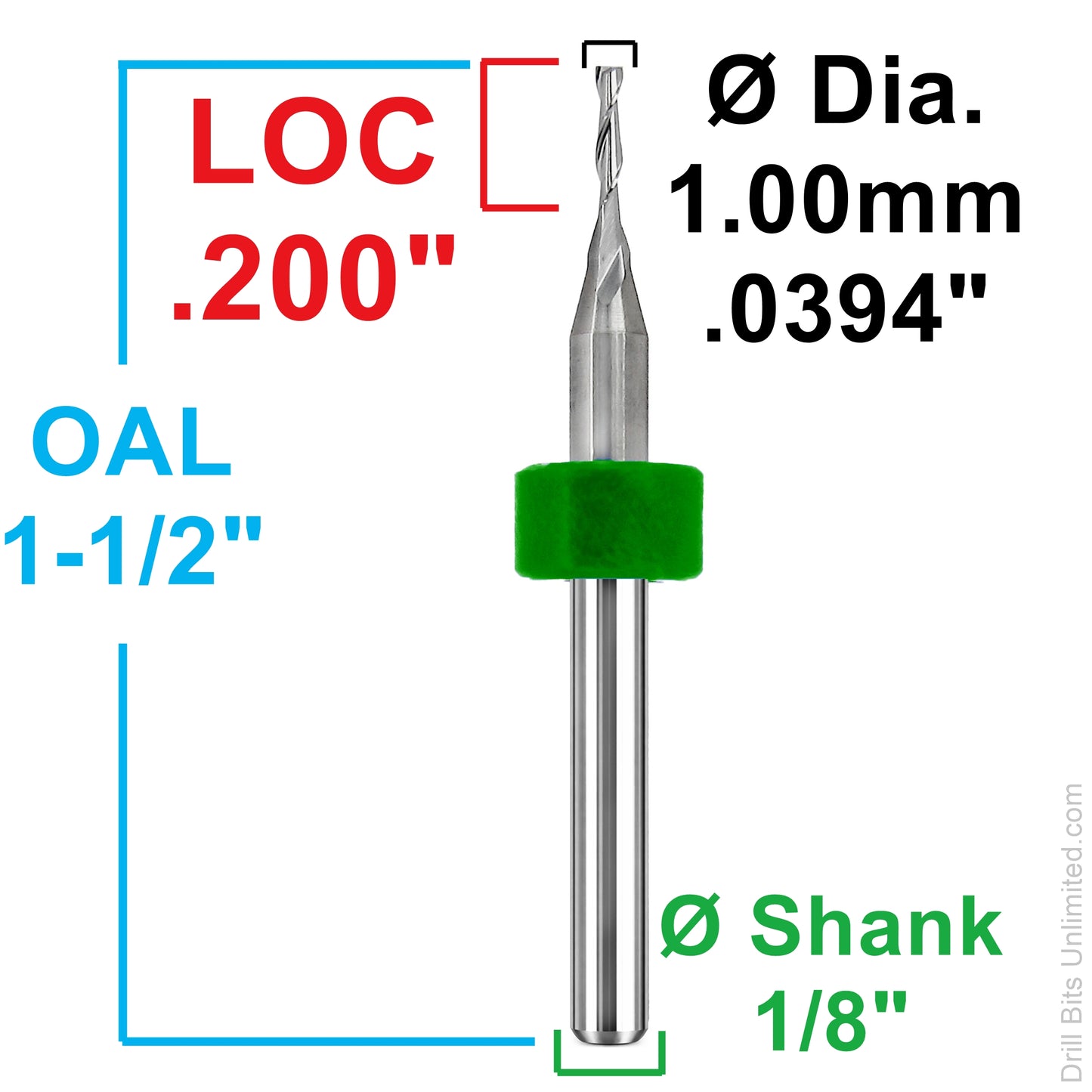 .0394" / 1.00mm Two-Flute Carbide End Mill, Square End, Extended Flute, .200" LOC, 1/8" Shank | Lightly Used 10 Pc UMT110L