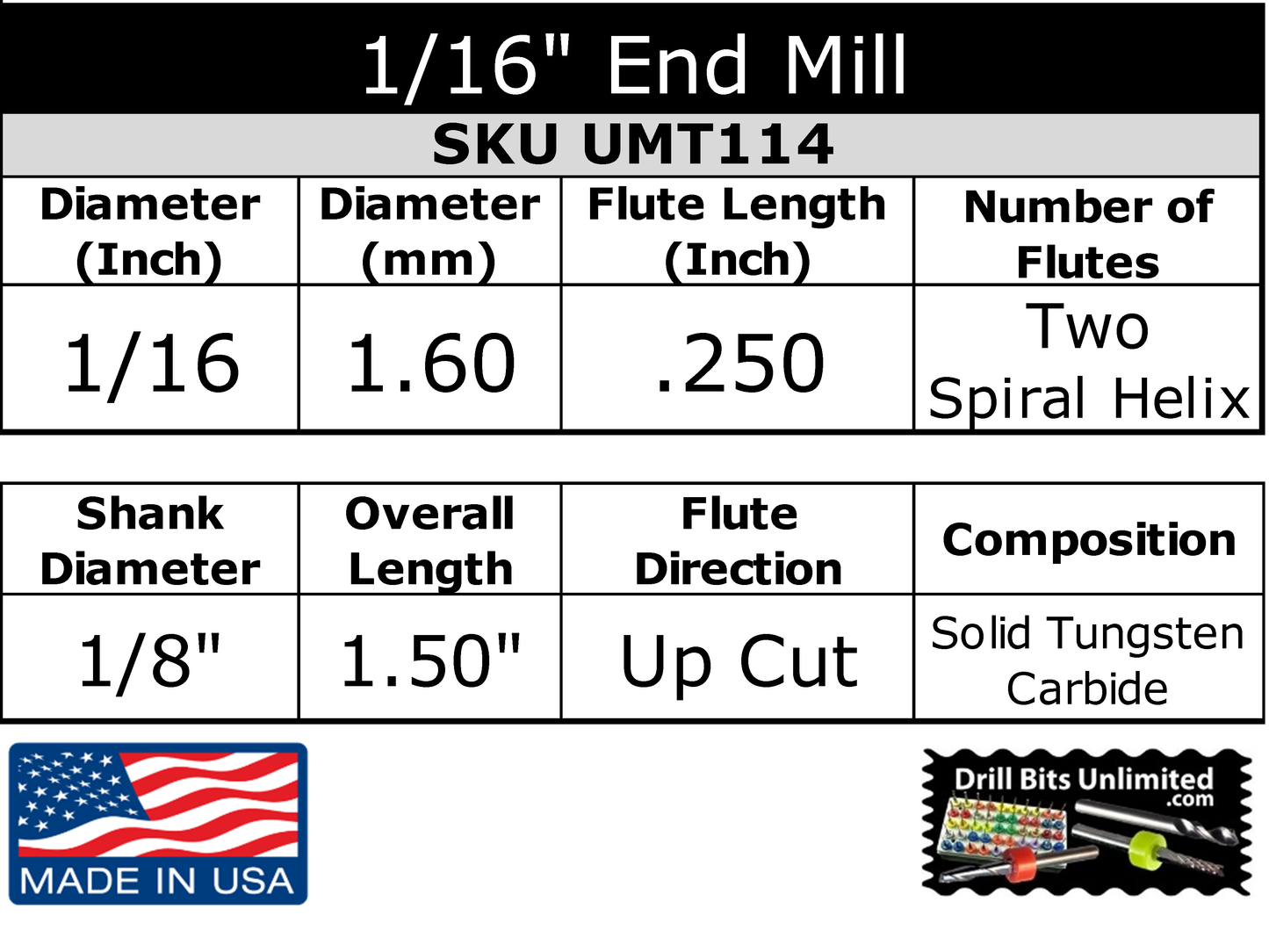 Specification chart for UMT114 1/16 inch two flute carbide end mill with .250 LOC, 1/8 shank, and up cut spiral helix