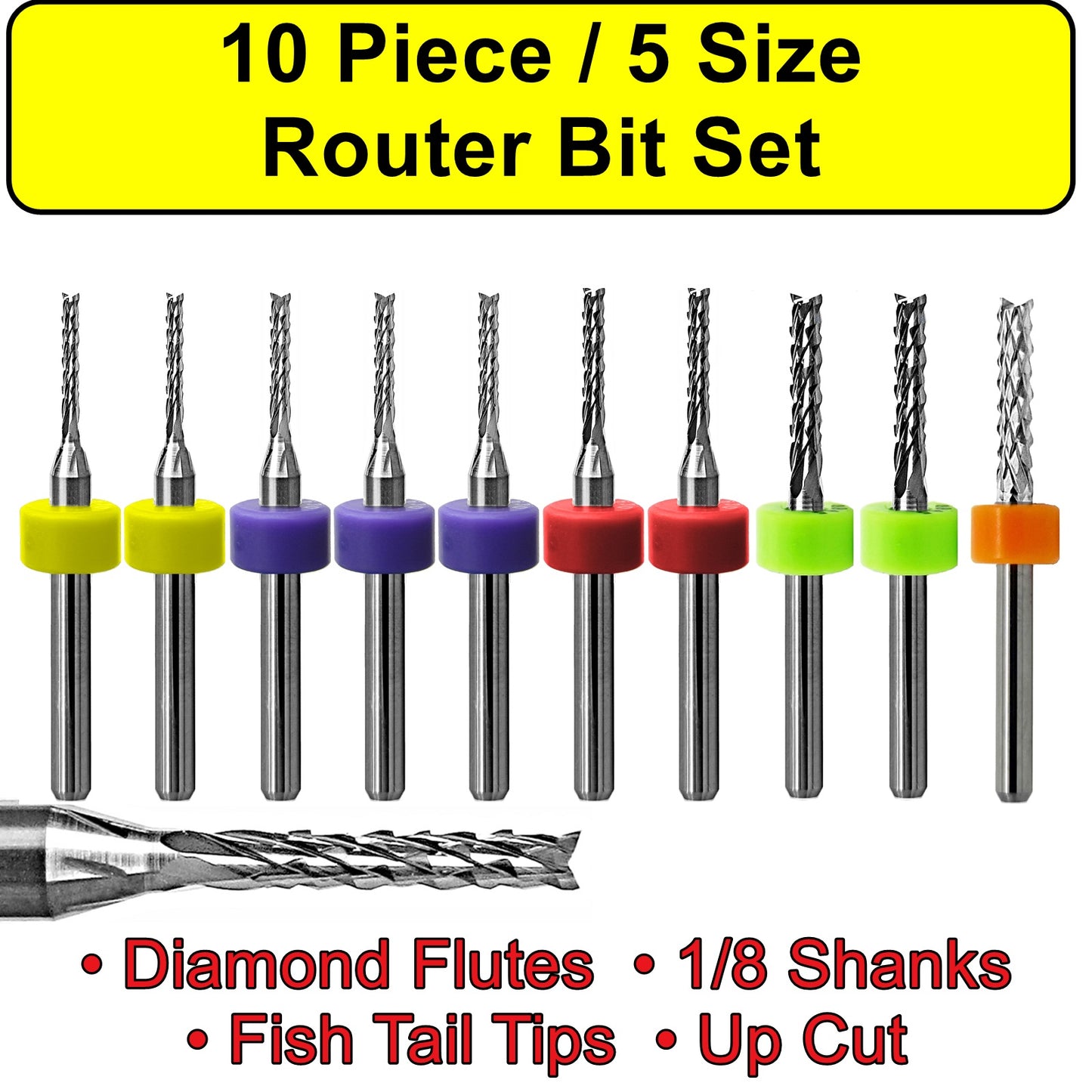10 Piece / 5 Size Router Bit Set - Diamond Flutes - .050" to .125" Up Cut Fish Tail URDV100