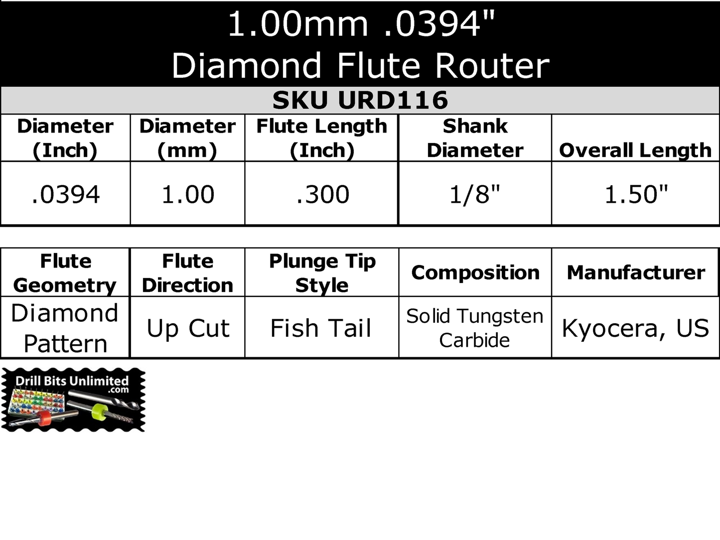 Fifty Pieces 1.00mm Router Bits Diamond Flutes 1/8" Shanks Fish Tail Tip - Up Cut Solid Carbide - Super Value - URD116