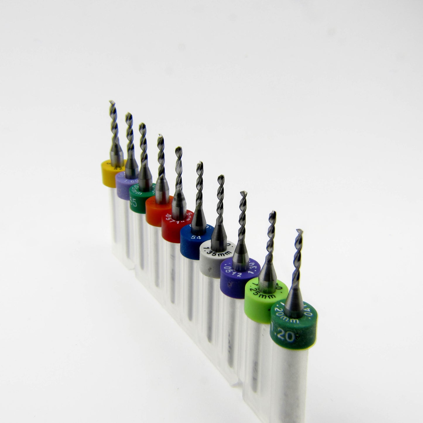 Ten-Piece Incremental Size Solid Carbide Drill Set - Sizes Range from .0472 inches to .0635 inches Includes 1.20mm .047", 1.25mm .049", 1.30mm .051", 1.35mm .053, 1.40mm .055, 1.45mm .057, 1.50mm .059", 1.55mm .061", 1.60mm .0625" (1/16"), #52 .0635"