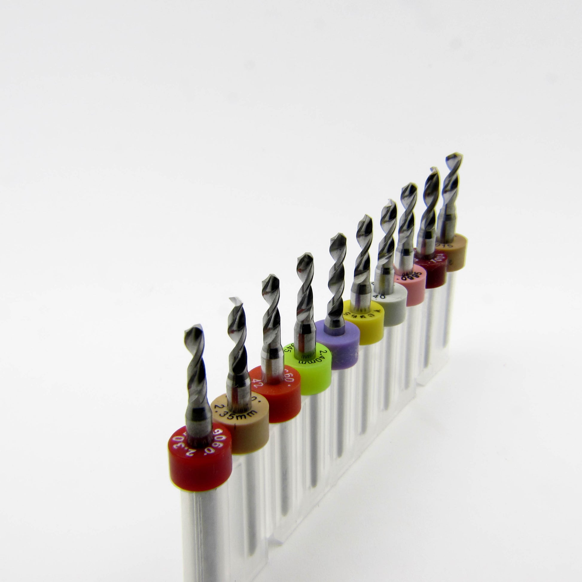 This Incremental Size Solid Carbide Drill Set includes  2.3mm 2.35mm 3/32 #42 .0945 2.4mm .096 #41 .0965 2.45 2.5mm .098 #40 .0995 #39 2.55mm .1015 #38