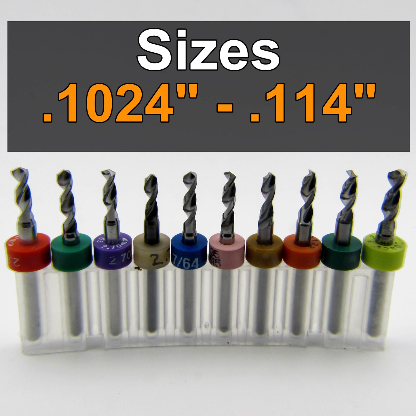 Incremental Size Solid Carbide Drill Set - Ten Pieces .1024" - .114" ID08This Incremental Size Solid Carbide Drill Set includes .102 2.6mm .104 #37 2.65 .1065 #36 2.7 .108 2.75mm 7/64 .1094 .11 #35 2.8mm .111 #34 .112 2.85mm .113 #33 .114 2.9