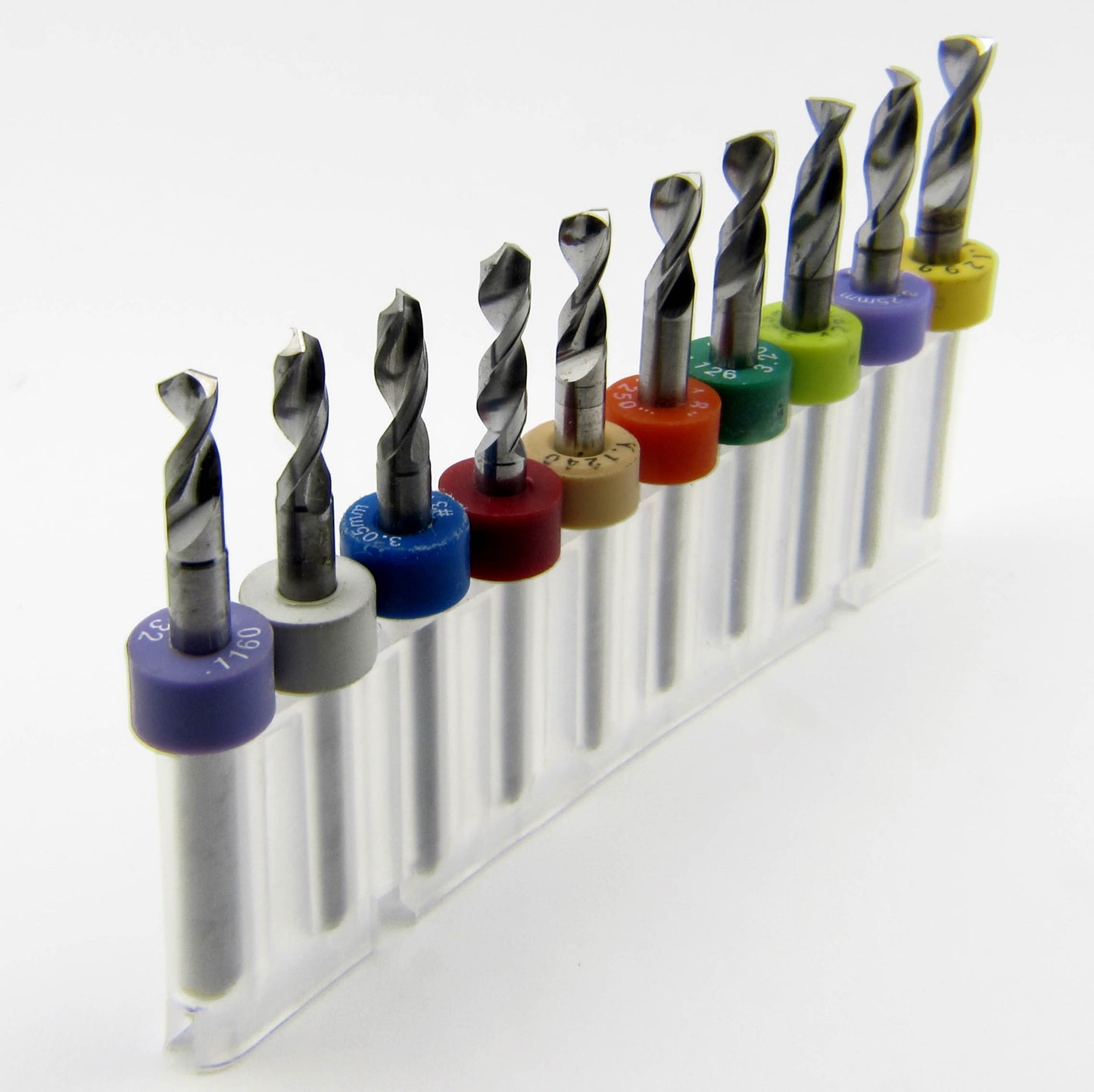This Incremental Size Solid Carbide Drill Set includes .116 #32 2.95mm .118 3mm .12 #31 3.05mm .122 3.1mm .124 3.15mm 1/8 .125 .126 3.2mm .128 3.25mm #30 .13 3.3mm