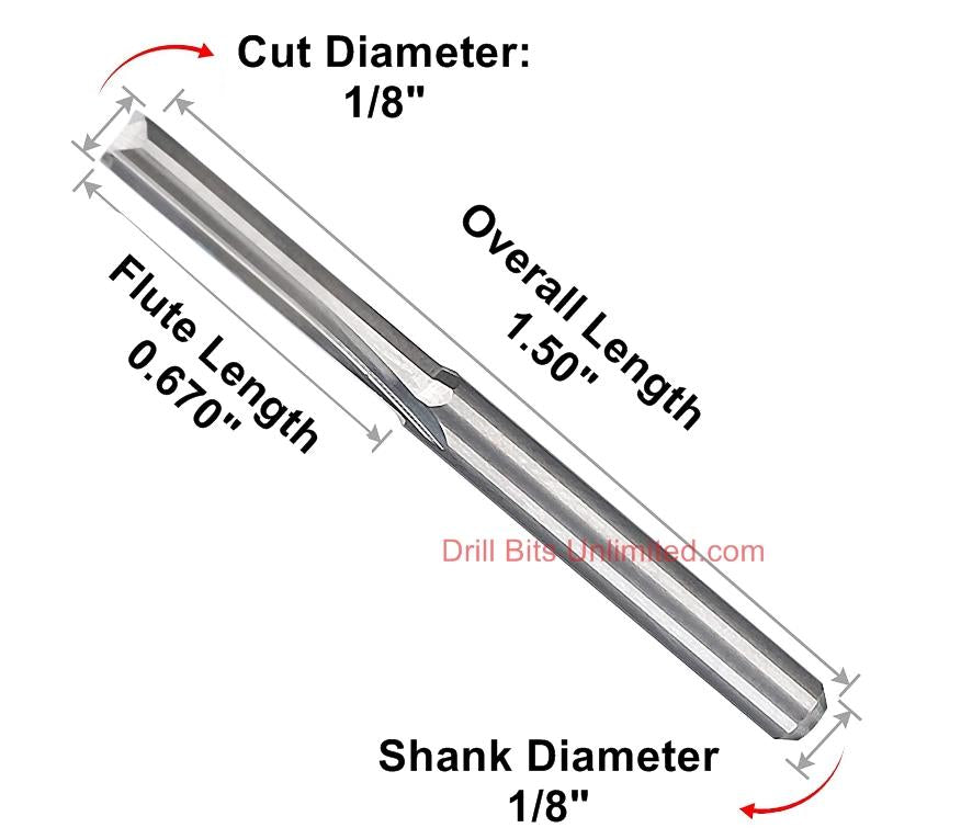 1/8" x .670" LOC Two Straight Flutes - Carbide End Mill Slot Bit For Wood, Plastic and Acrylic M149
