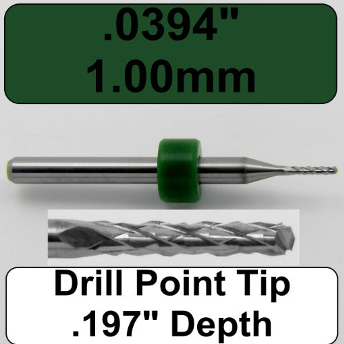 .0394" - 1.00mm Diamond Flute Carbide Router - Drill Point Tip