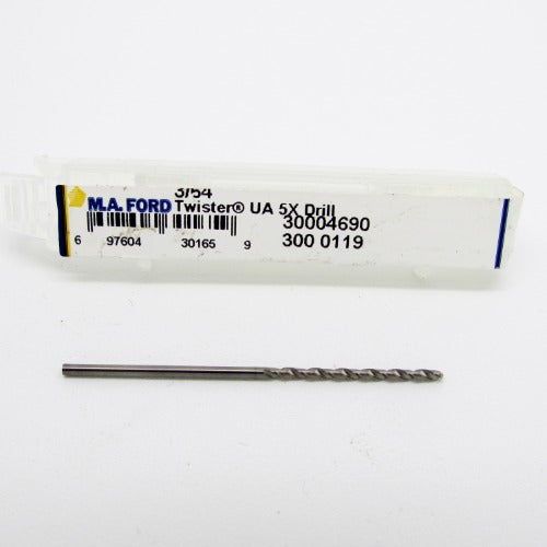 3/64", 118 Deg. , 3/64" Shank Diam, Fast Spiral Circuit Board Drill Bit 5/8" Flute Length - USA M.A. Ford DA12-3-30004690