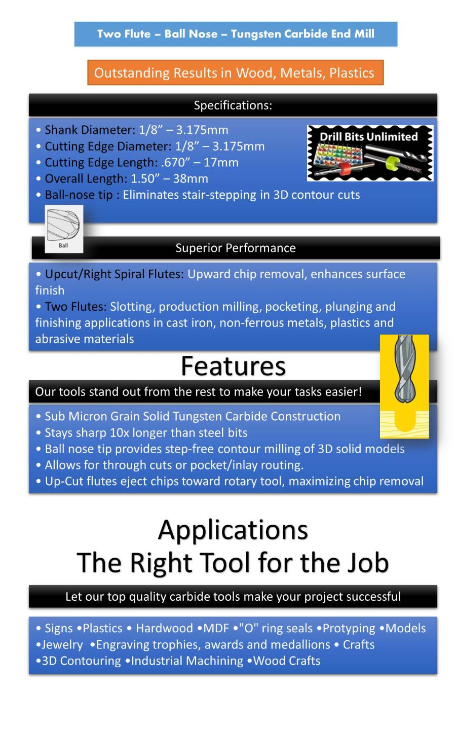 1/8" x .670" LOC Ball Nose Carbide End Mill - Extended Flute Length M135