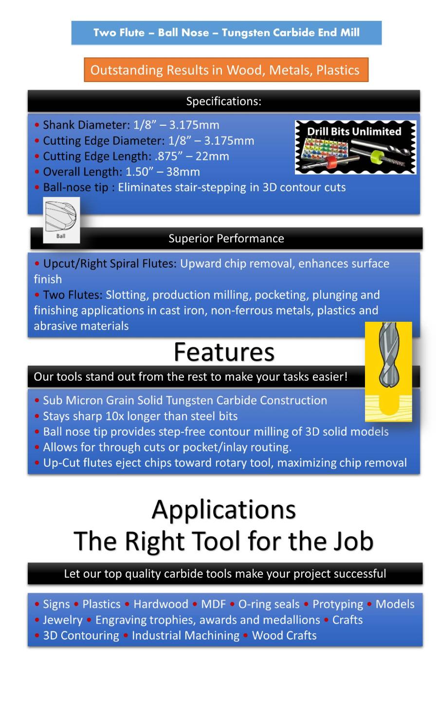 1/8" x .870" LOC Ball Nose Carbide End Mill - Extended Flute Length M137