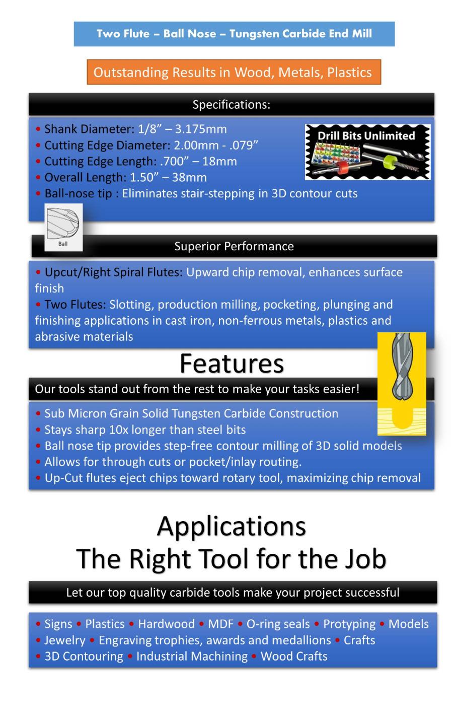 2.00mm .079" x .700" LOC Ball Nose Two Flute Carbide End Mill M133