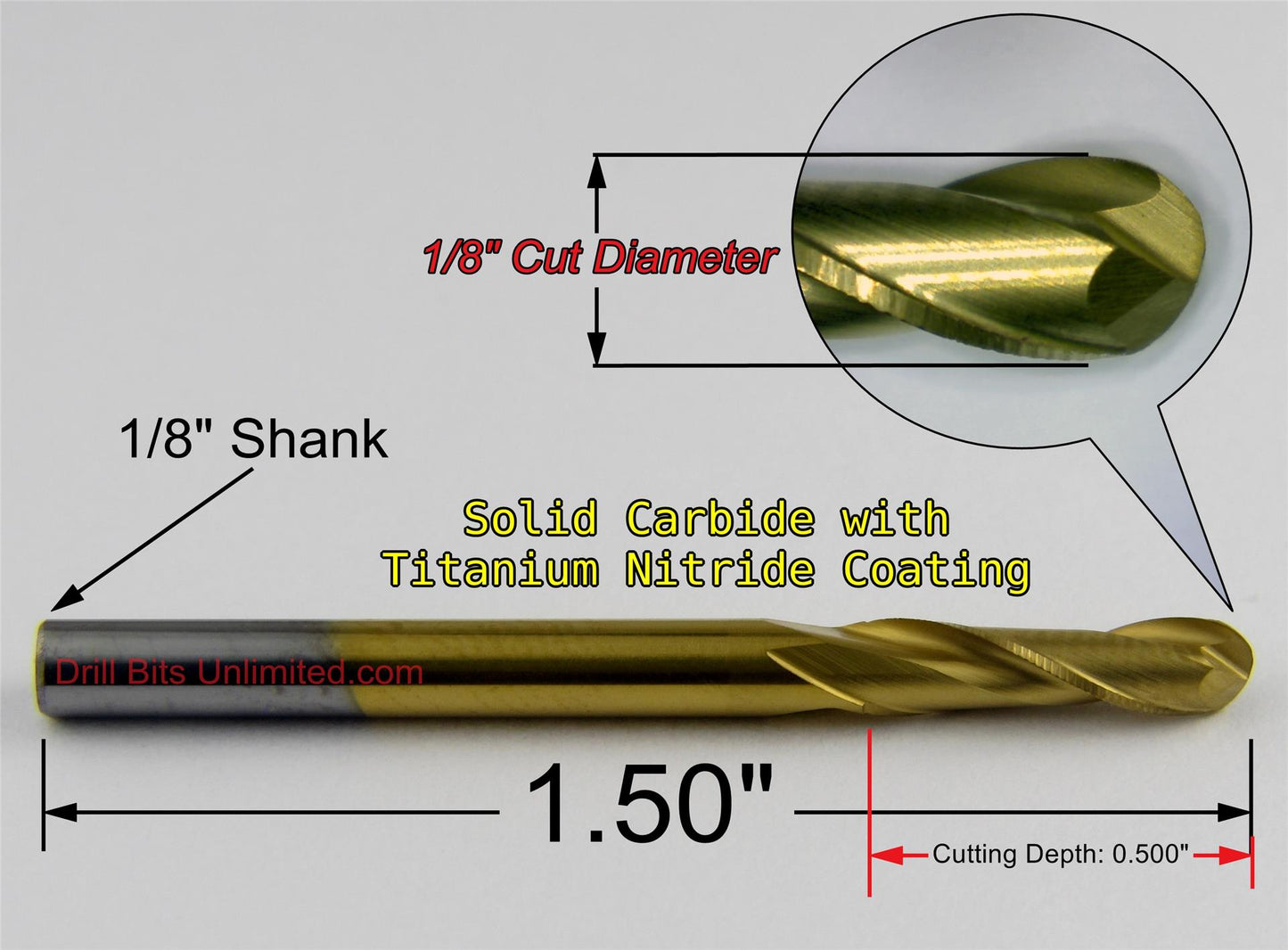 1/8" x .500" LOC Ball Nose Carbide End Mill Titanium Coated M138