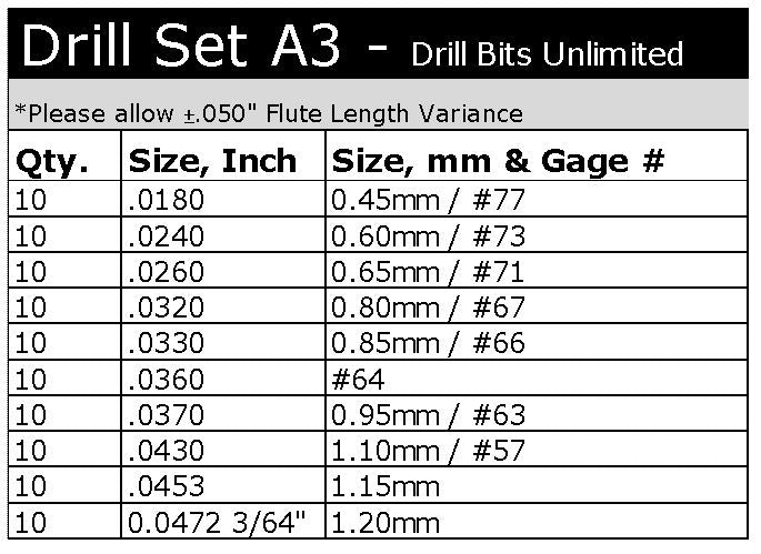 100 Pc. Carbide Drill Bit Set - 10 sizes: #77, #71, #73, #67, #66, #64, #63, #57, 1.15mm, 1.20mm