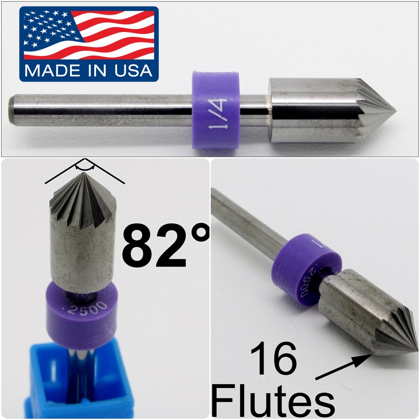 1/4" .250" 82 Degree Carbide Countersink - 16 Flutes - 1/8" Shank - Made in USA