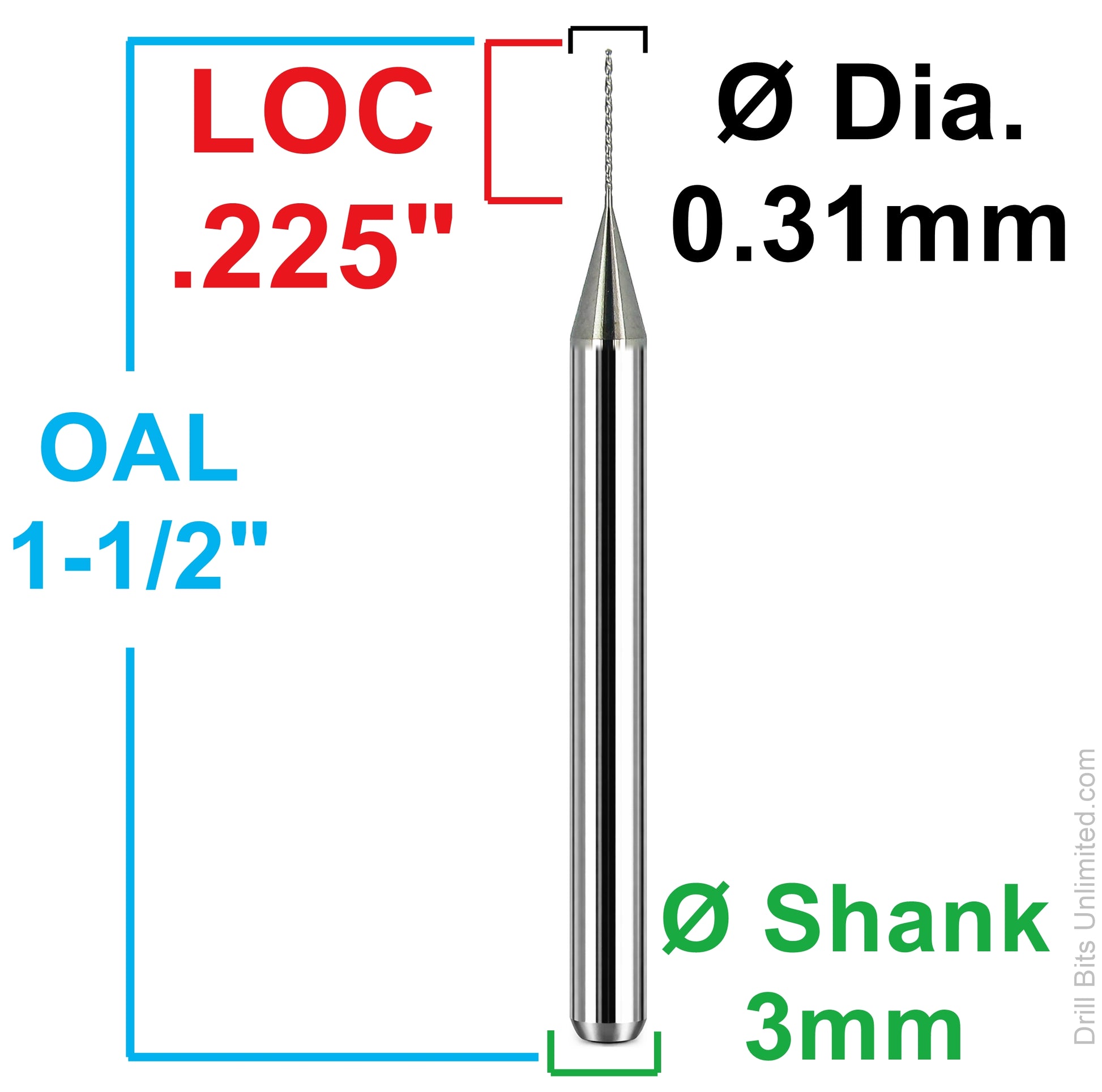 0.0122 inch 0.31mm left hand carbide micro drill bit dimensions LOC 0.225 inch shank 3mm Kyocera 226L-0122.225