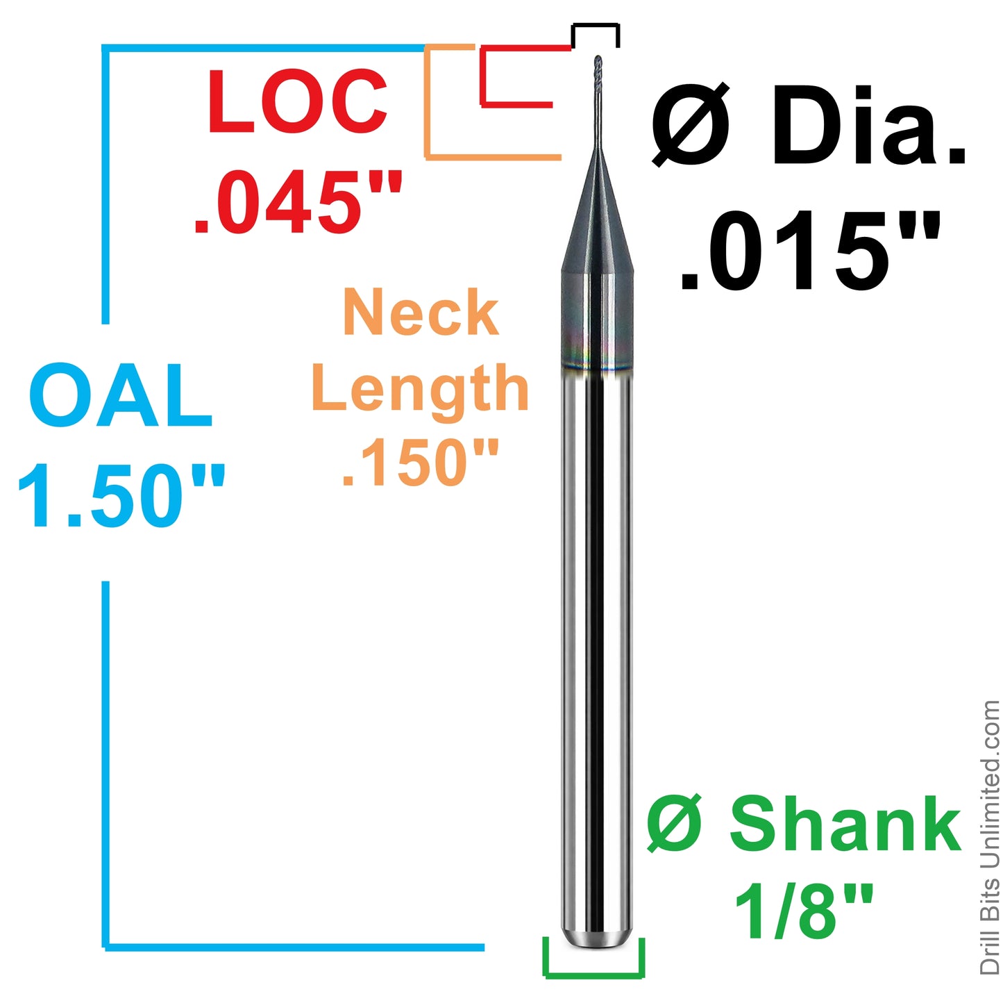 0.015 ball nose carbide end mill extended reach dimensions 0.045 LOC 1.5 OAL