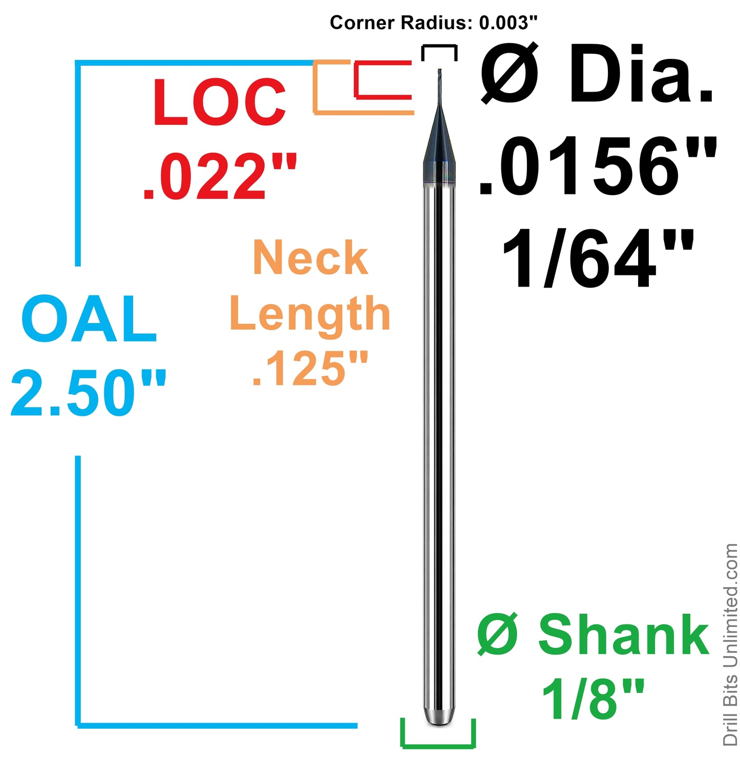 0.0156 corner radius end mill dimensions 0.022 LOC 2.5 OAL 1/8 shank