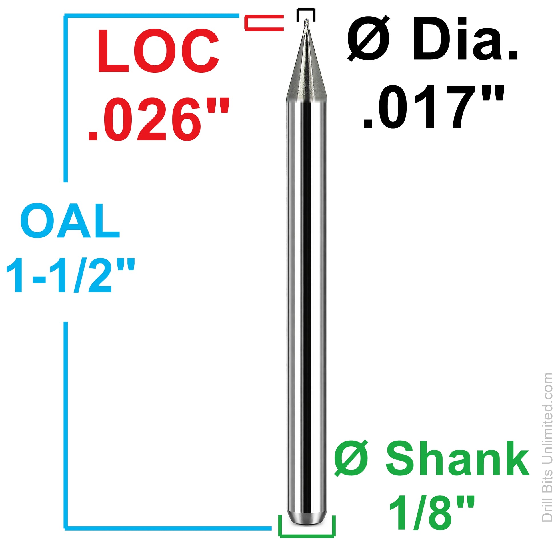 Dimension diagram of 0.017 inch 0.43mm ball nose carbide end mill with 0.026 inch LOC and 1/8 inch shank by Kyocera part 1835-0170.026