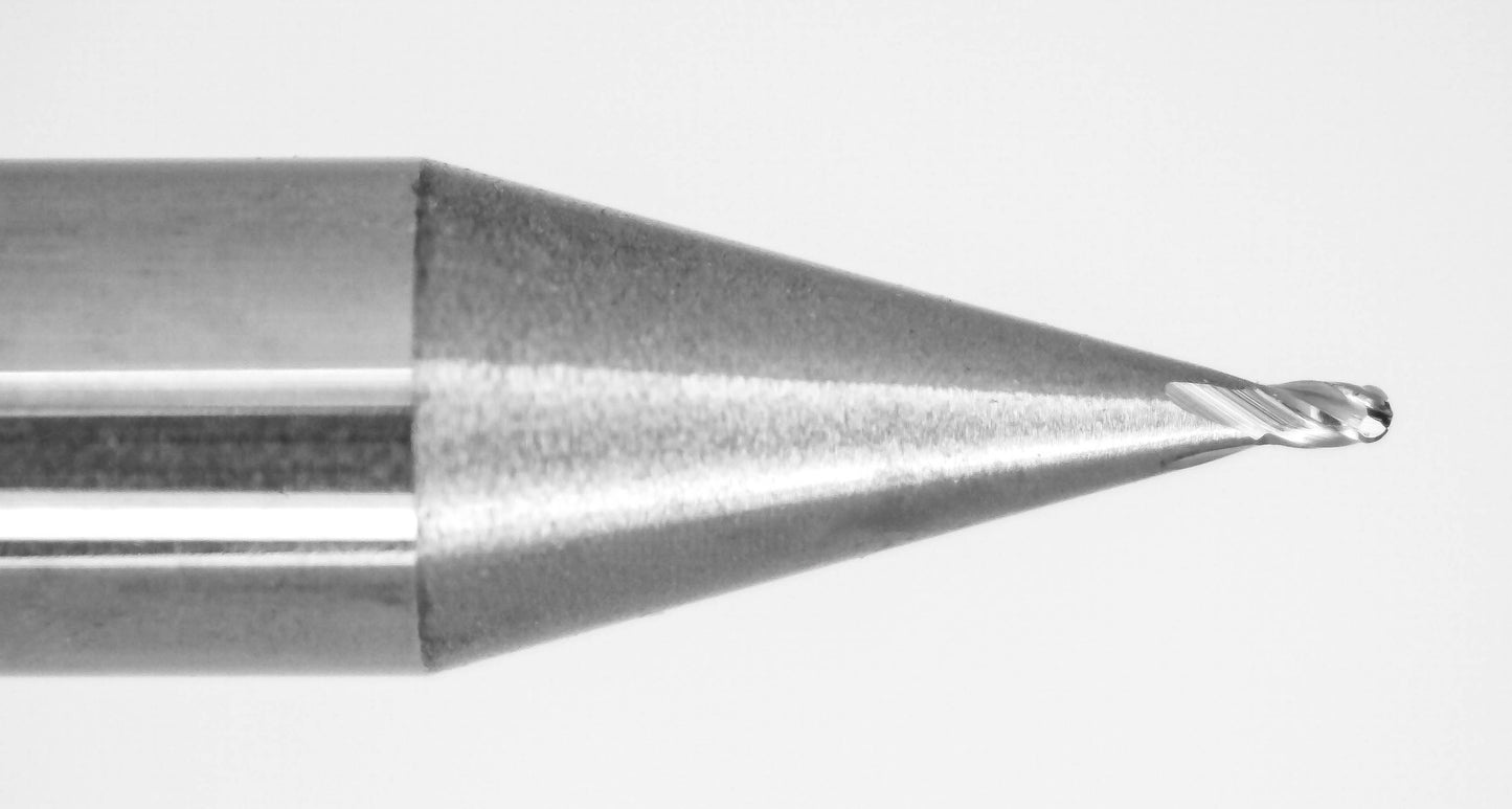 Tip closeup of 0.017 inch 0.43mm 4-flute ball nose carbide end mill by Kyocera part 1835-0170.026