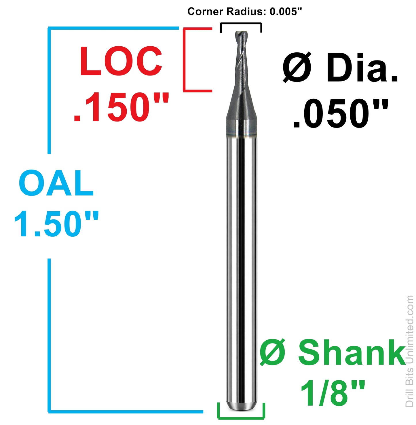 .050 inch corner radius carbide end mill dimensions .150 inch LOC 1.50 inch OAL 1/8 inch shank .005 inch radius Kyocera 1612-0500L150CR