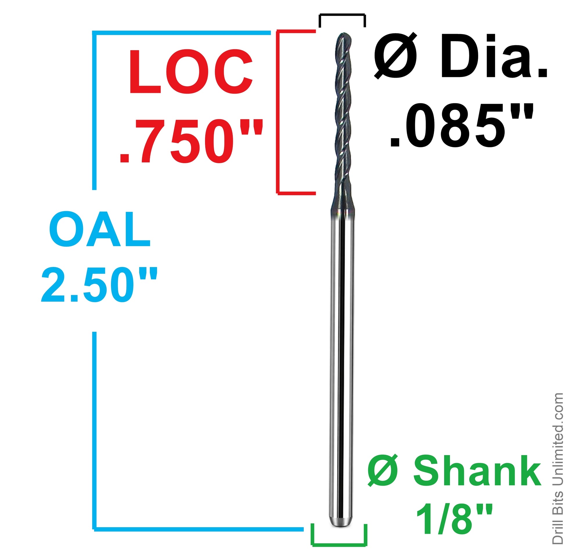 0.085 inch ball nose end mill dimensional diagram loc 0.750 oal 2.50 shank 1-8