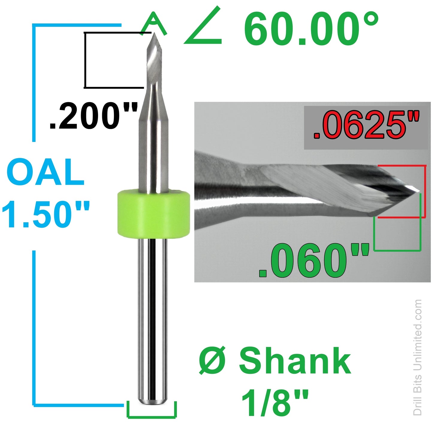 1/16 inch 60 degree spiral V-bit engraver dimensions showing 0.200 inch reach, 1.50 inch overall length and 1/8 inch shank