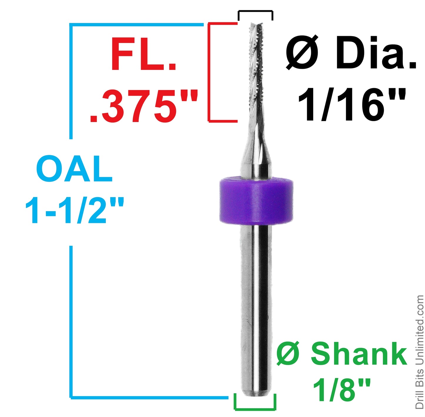 Dimension chart for 0.0625 inch 1/16 chip breaker carbide router with .375 LOC and 1/8 shank